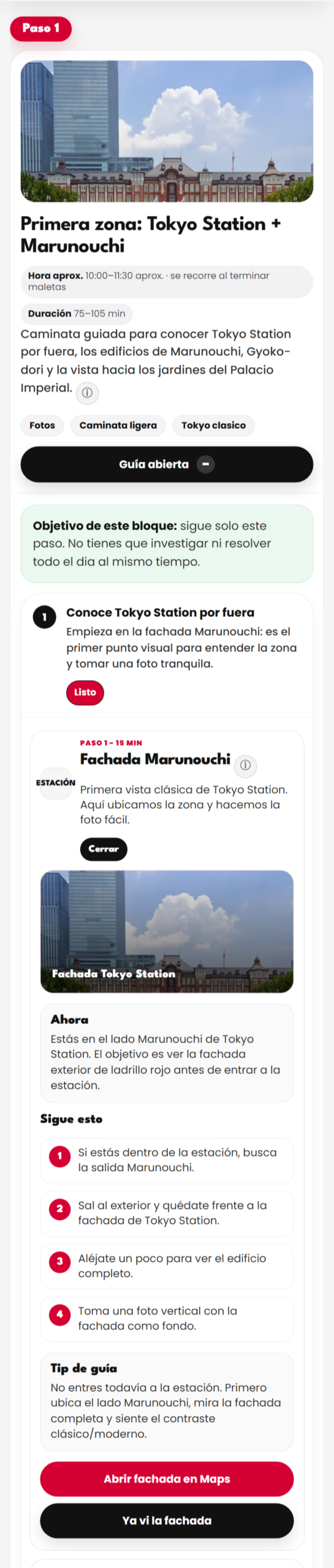 Smart Guide VIAJAPON mostrando instrucciones paso a paso en Tokyo Station y Marunouchi